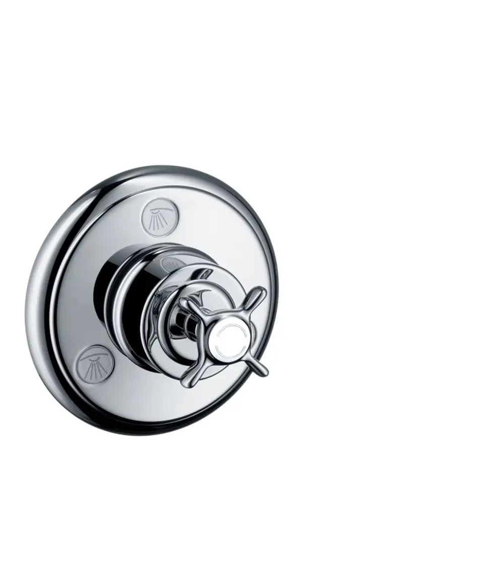 Kreuzgriffventil in verchromtem Design, montiert auf runder Wandplatte. Designed von AXOR für die Regelung von Wasserzufluss in einem Unterputzsystem.